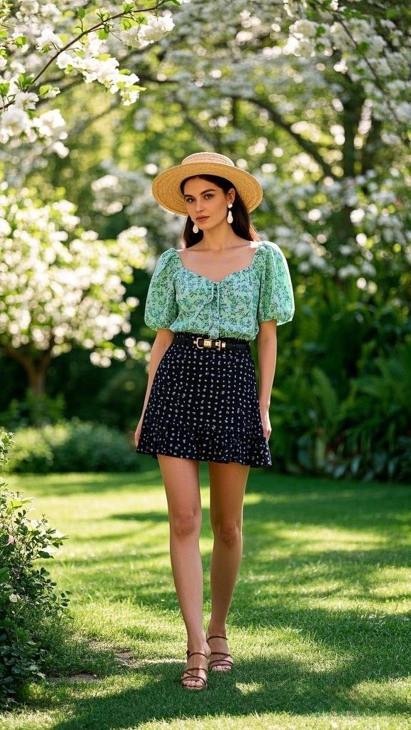 A woman wearing a light green floral puff - sleeve top, a dark polka - dot mini skirt, a straw hat, large teardrop earrings, a gold - buckled belt, and brown strappy sandals in spring