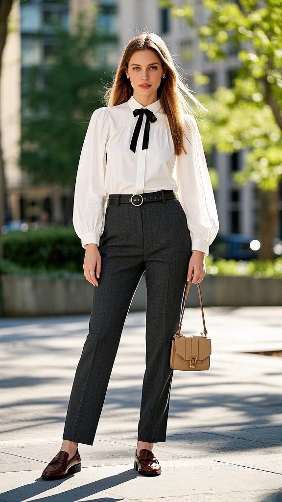 A woman wearing a white puffed - sleeve blouse with a black bow tie at the collar, tucked into high - waisted dark gray trousers with a black belt, dark brown loafers, and a small tan shoulder bag in spring for office or semi - formal events
