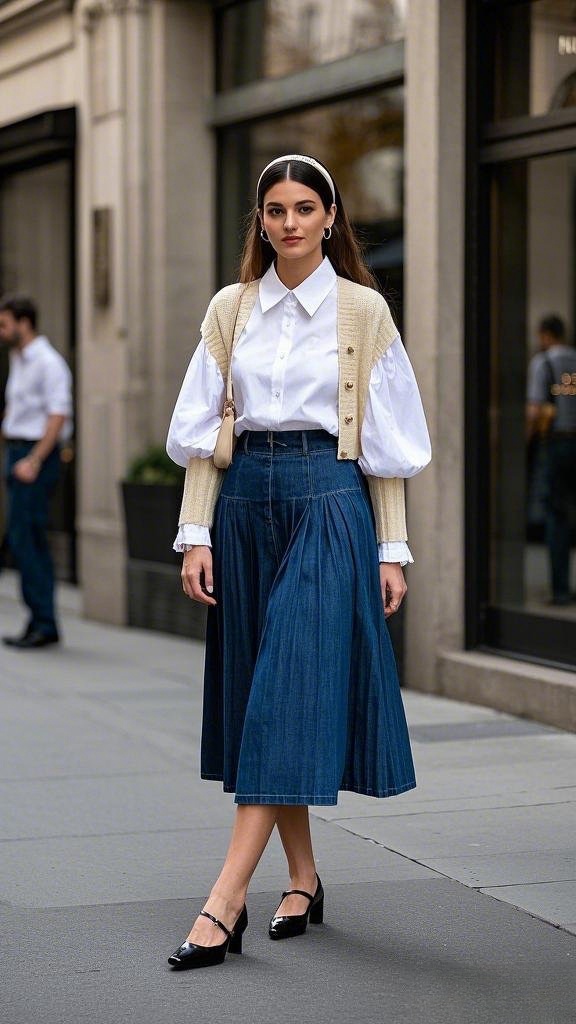 A woman wearing a crisp white puff - sleeve blouse with a pointed collar, layered with a beige knit vest, a high - waisted denim skirt, black Mary Jane heels, and a white headband in spring