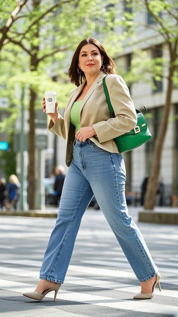 Casual Chic: Beige Blazer with a Green Tank Top - Light Blue High-Waisted Jeans - Beige Heels - and a Green Handbag