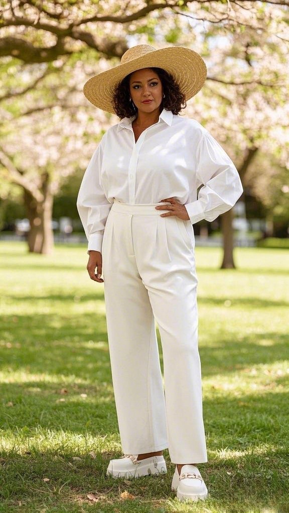 Fresh and Breezy: White Oversized Shirt - High-Waisted White Pants - Large Straw Hat