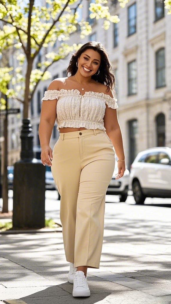 Effortless Style: White Off-Shoulder Top - Beige Wide-Leg Pants - and White Sneakers
