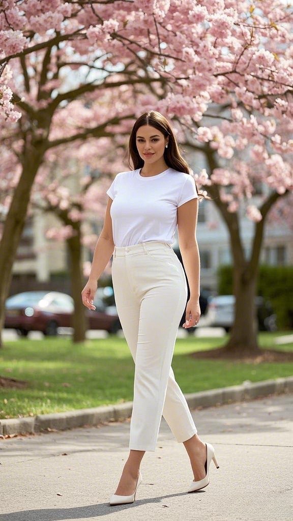 Timeless White: Simple White T-shirt - tucked into White Pants - Paired with White Heels