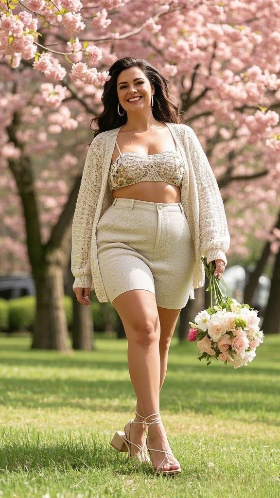 Floral Freshness: A Cream-Colored Knitted Cardigan - paired with High-Waisted Shorts - and Strappy Sandals