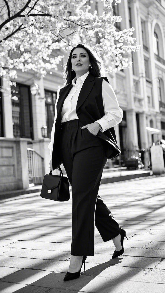 Bold and Powerful: Black Tailored Suit - with High Heels