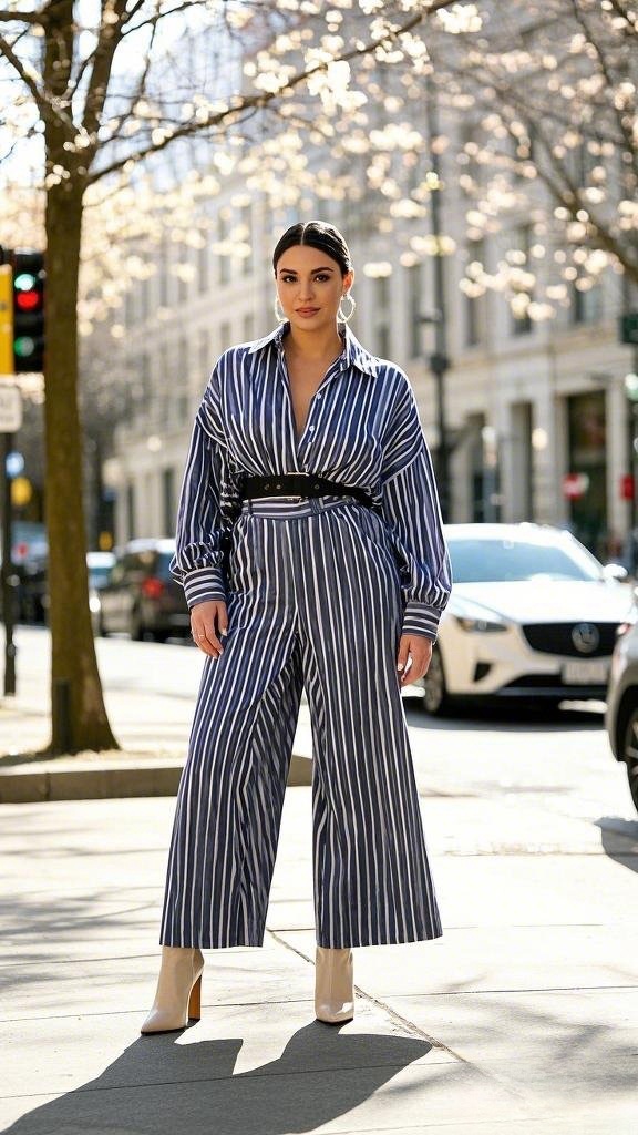 A Navy and White Striped Wide-Leg Jumpsuit - Cinched at the Waist - with a Black Belt - Finished with White Heels