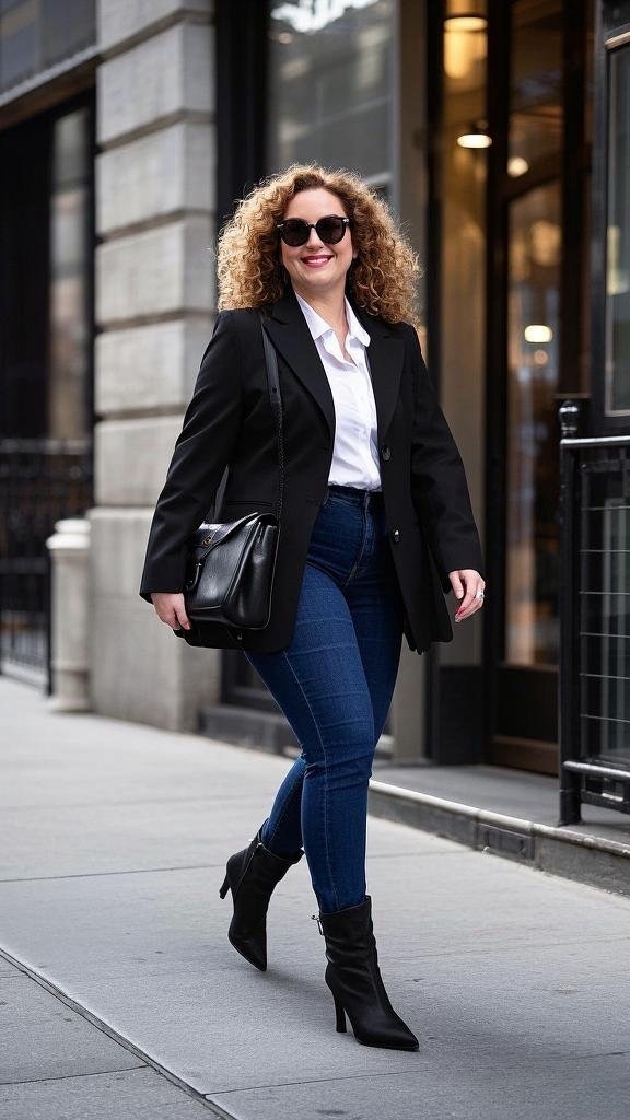 A Tailored Black Blazer - Over a Crisp White Shirt - Paired with Dark Blue Skinny Jeans - and Black Heeled Ankle Boots