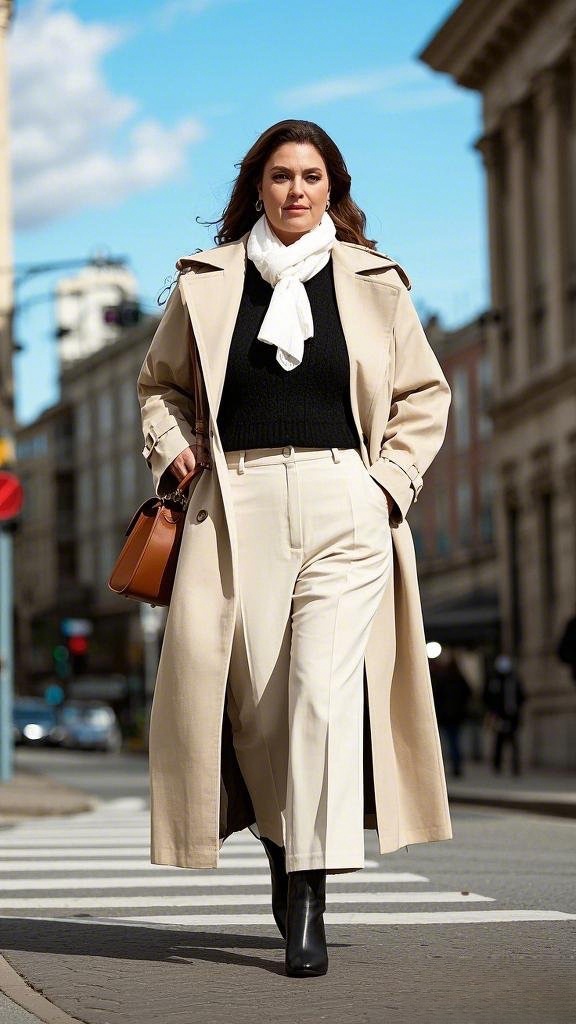 A Long Beige Trench Coat - Over a Black Sweater - Accessorized with a White Scarf - Cream Trousers - and Black Heeled Boots