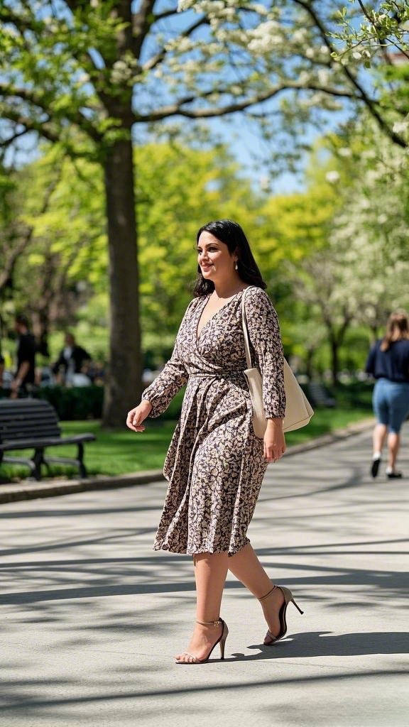A Flowy, Floral-Patterned Wrap Dress - with a V-Neckline - Paired with Nude Strappy Heels - and a Neutral-Toned Tote Bag