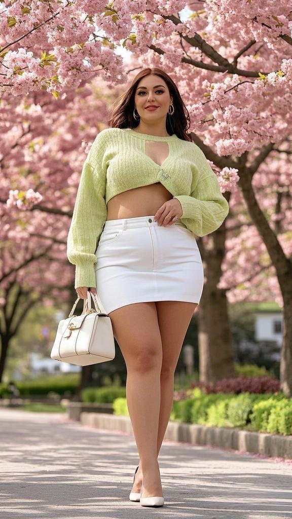 A Pastel Green Cropped Knit Sweater - with a White Mini Skirt - Accessorized with a Structured White Handbag - and Nude Heels