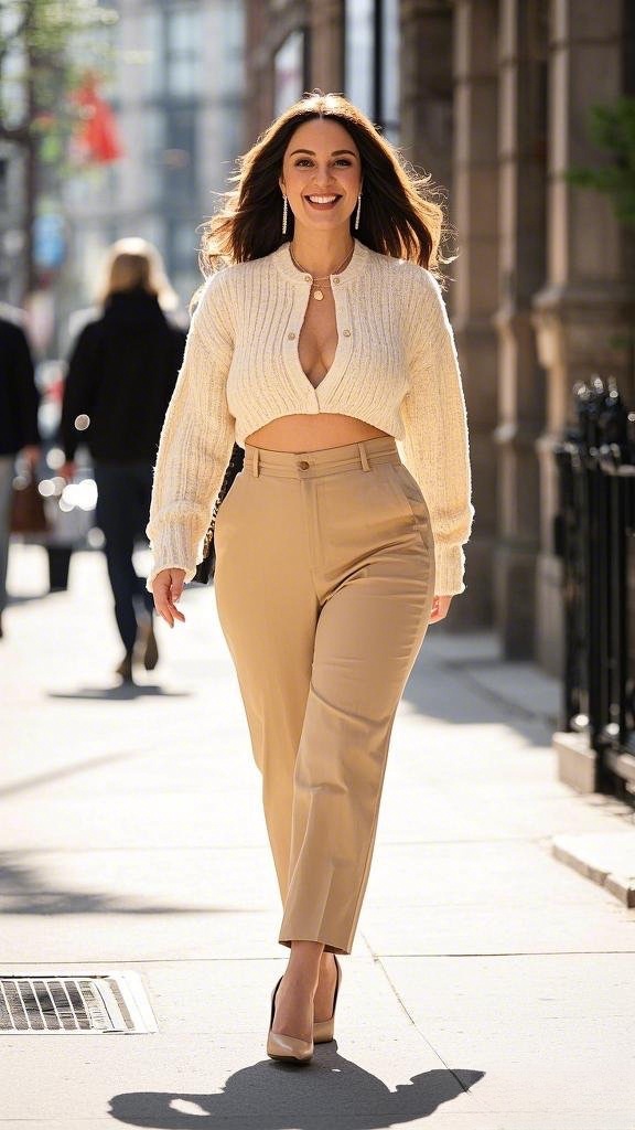 A Cream Knitted Cropped Cardigan - Paired with High-Waisted Beige Trousers - and Nude Heels