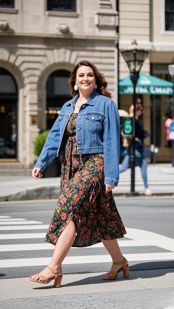 A Floral Midi Dress - with a Denim Jacket - Finished with Tan Heeled Sandals - and Simple Earrings