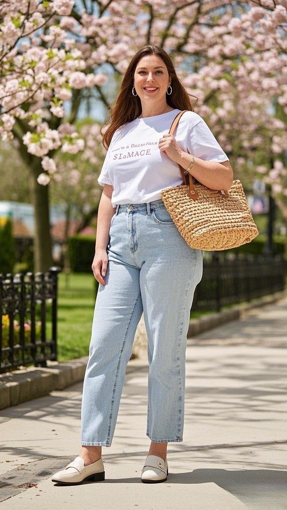 A Relaxed White Graphic Tee - Tucked into High-Waisted Light-Wash Denim - Paired with Loafers - and a Woven Straw Tote for a Laid-Back Spring Vibe
