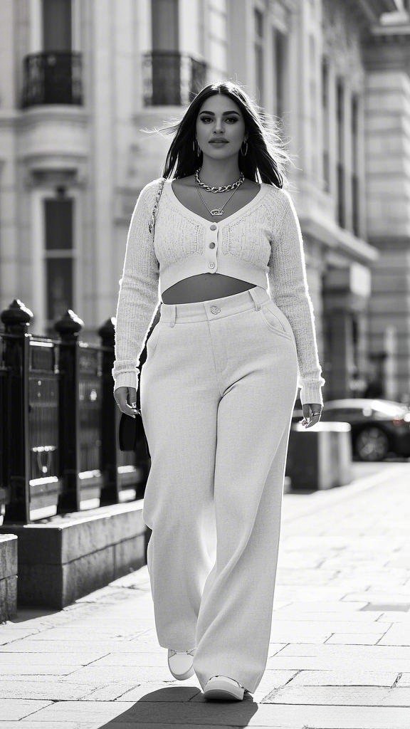 A Sleek, All-White Outfit Featuring a Cropped Knit Cardigan - and High-Waisted Wide-Leg Trousers - Finished with Subtle Gold Jewelry - and White Sneakers