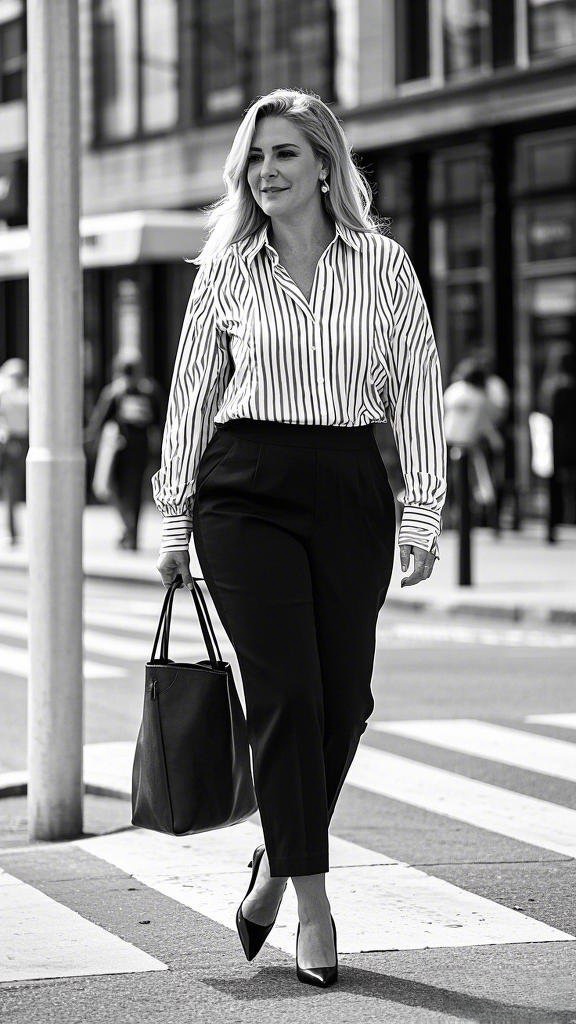 A Crisp, Vertically Striped Button-Up - Paired with High-Waisted Black Trousers and Classic Black Heels