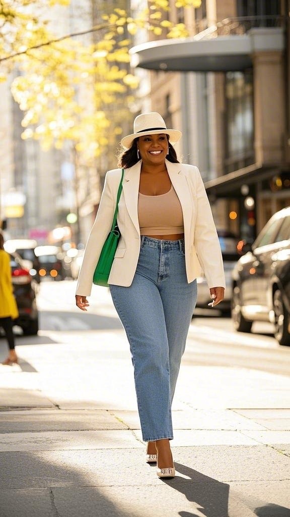 A Cream Blazer - Layered Over a Fitted Nude Top - and High-Waisted Jeans - Accessorized with a Vibrant Green Handbag - and a Chic White Fedora