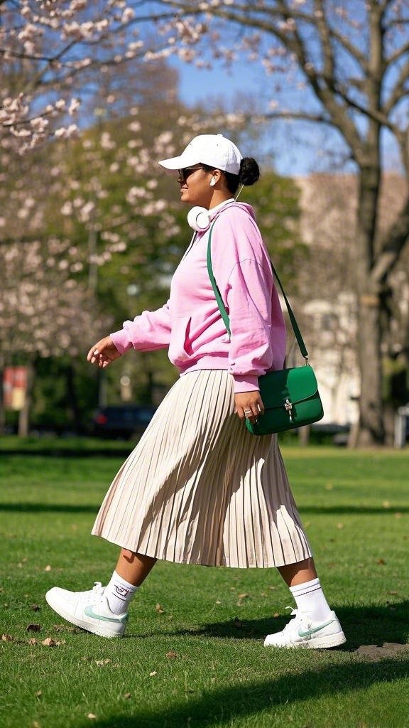 Soft Pink Oversized Sweatshirt - with a Flowing Beige Pleated Midi Skirt - Finished with White Sneakers - and a Baseball Cap