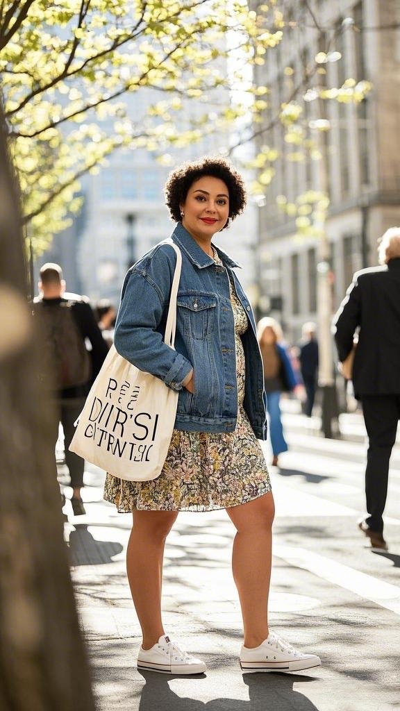 Floral Midi Dress Paired with a Cropped Denim Jacket and White Sneakers