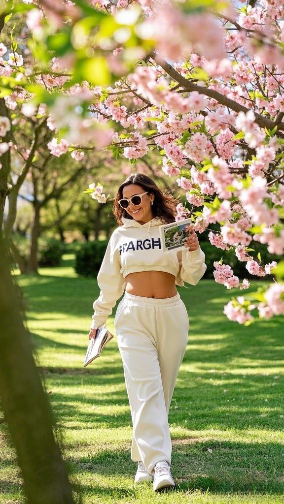 Off-White Cropped Hoodie - and Matching Joggers - Styled with Trendy Sunglasses - and Sneakers