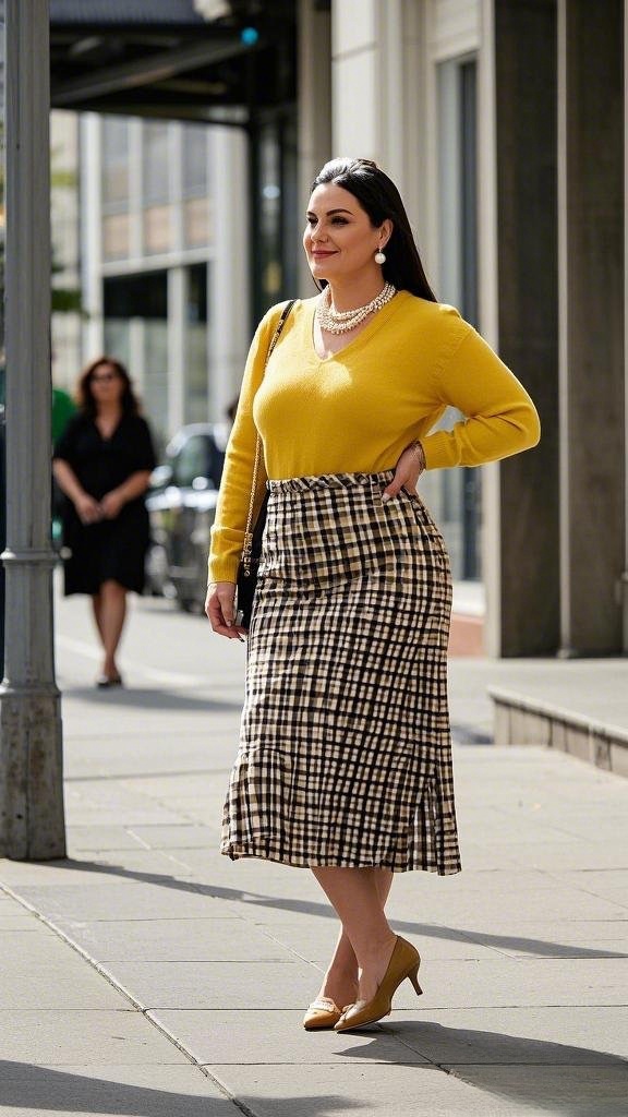 Checkered Midi Skirt - Styled with a Mustard-Yellow fitted Sweater - Accessorized with Classic Pearl Earrings - and Nude Pumps