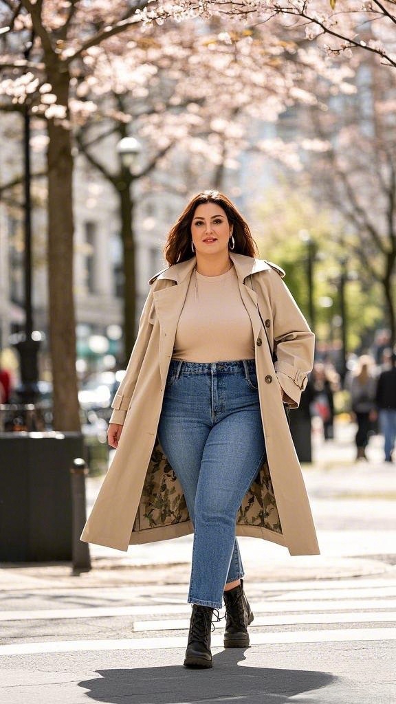 Timeless Beige Trench Coat - Draped over a Fitted Nude Top - and High-Waisted Jeans - Finished with Black Lace-Up Boots