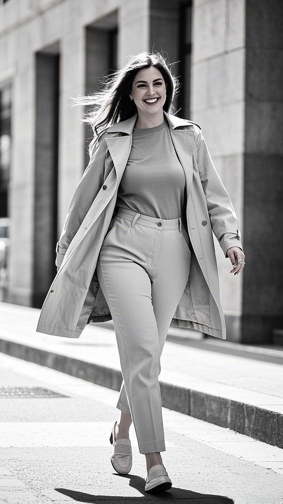 Tailored Beige Trench Coat - Worn Over a Matching Neutral Outfit with Cropped Trousers - and Loafers