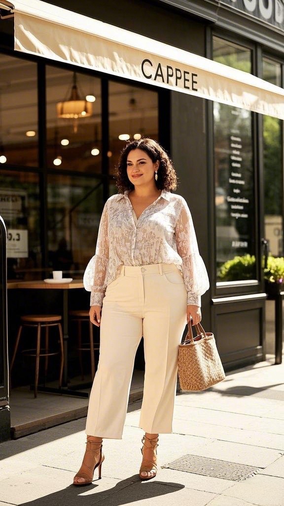 Sheer White Blouse - with Puffed Sleeves - paired with High-Waisted Cropped Beige Trousers - and Strappy Heels