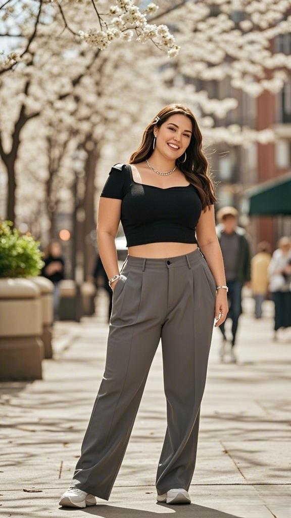 Black Crop Top & Grey Slacks with Chunky Shoes
