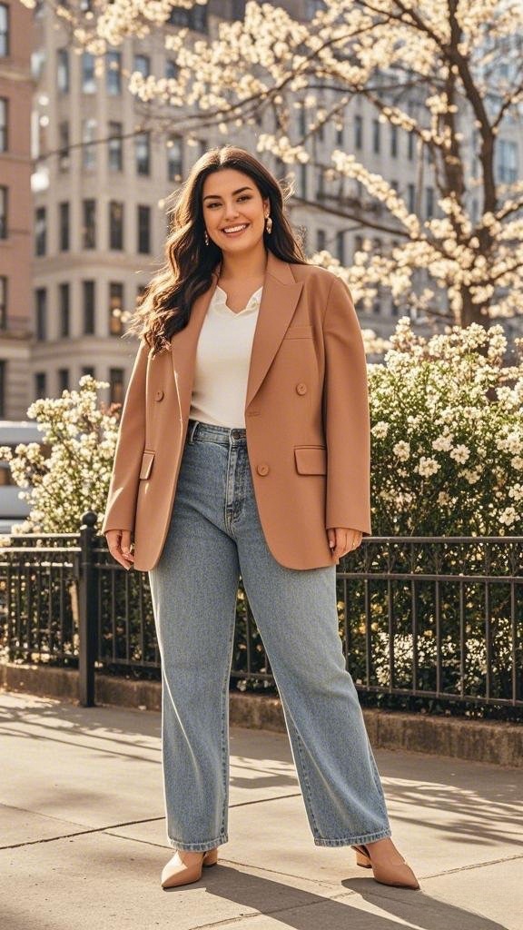 White Top & Denim Pants with a Neutral Coat
