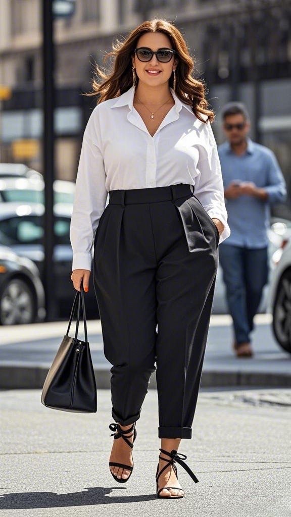 White Long Polo & Black Slacks with Black Sandals