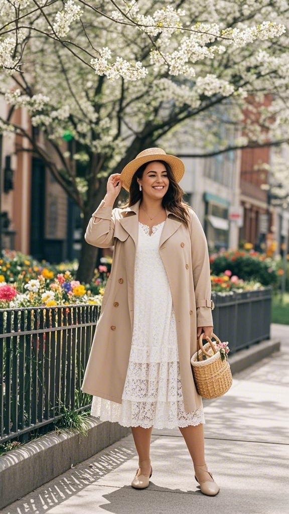 White Eyelet Dress & Khaki Trenchcoat with a Woven Hat