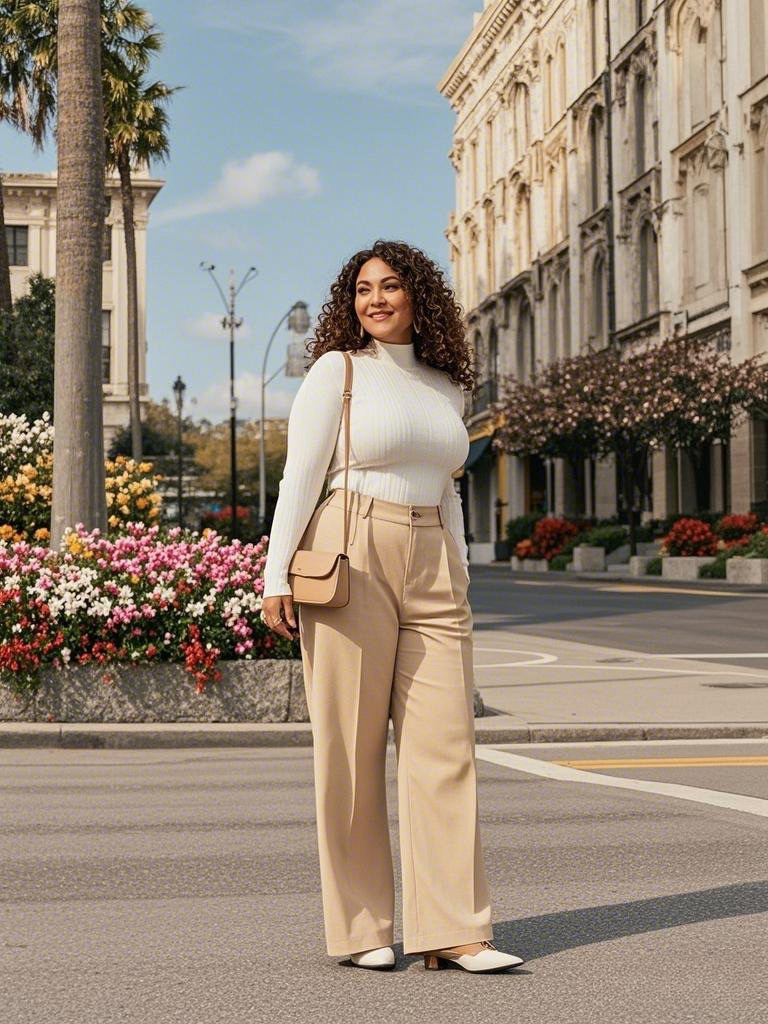 Fitted White Turtleneck - Tucked into Flowing Beige Wide-Leg Pants - Styled with a Crossbody Bag - and Pointed-Toe Shoes