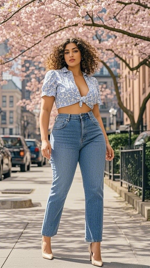 Tie-Front Crop Top, High-Waisted Straight-Leg Jeans, and Nude Heels