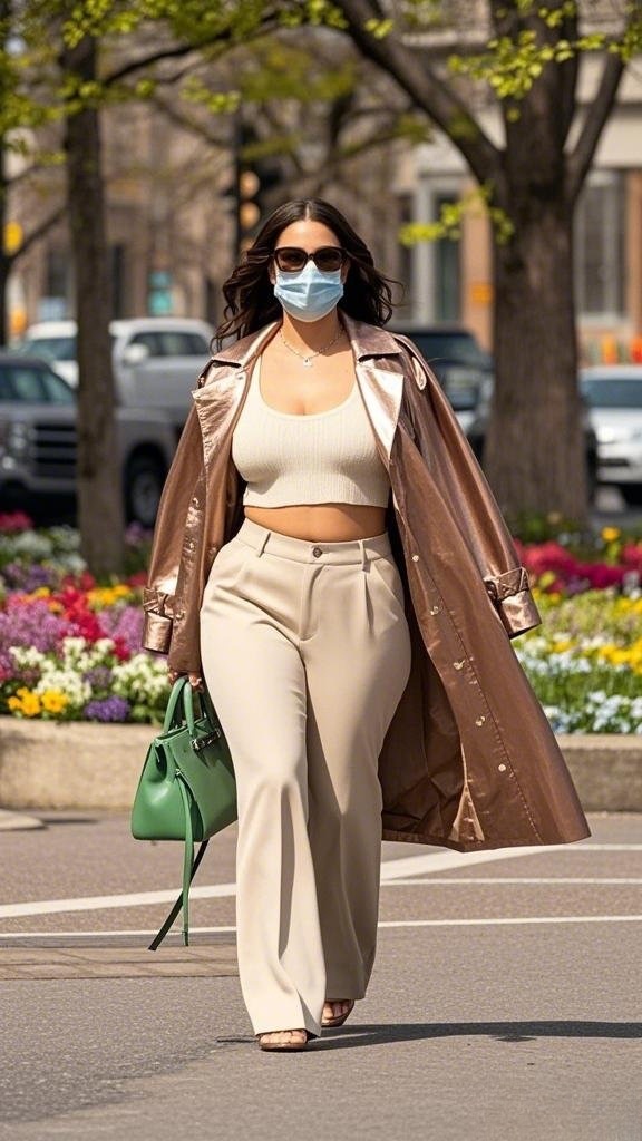 Cropped Knit Top, High-Waisted Flared Trousers, and Metallic Trench Coat
