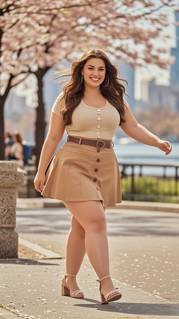 Fitted Button-Front Top, High-Waisted A-Line Skirt, and Strappy Block Heels
