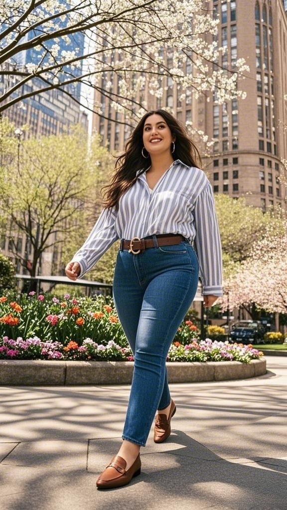 Classic Striped Button-Down, High-Waisted Skinny Jeans, and Loafers