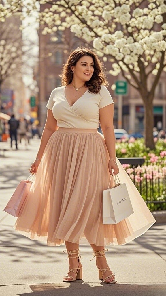Elegant Romance – Wrap Top, Tulle Midi Skirt, and Strappy Heels