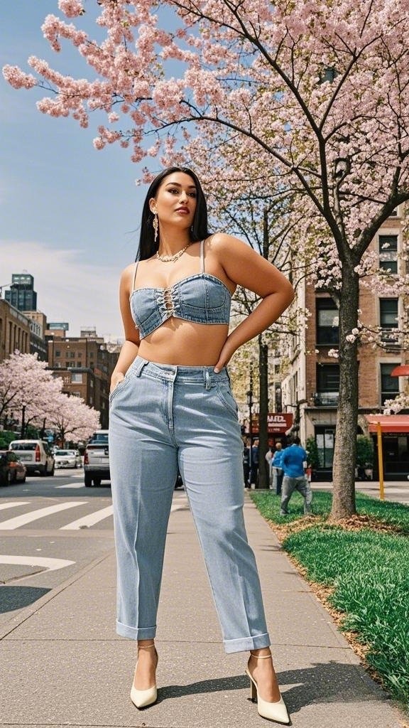Double Denim Elegance – Corset Top, High-Waisted Jeans, and Heels