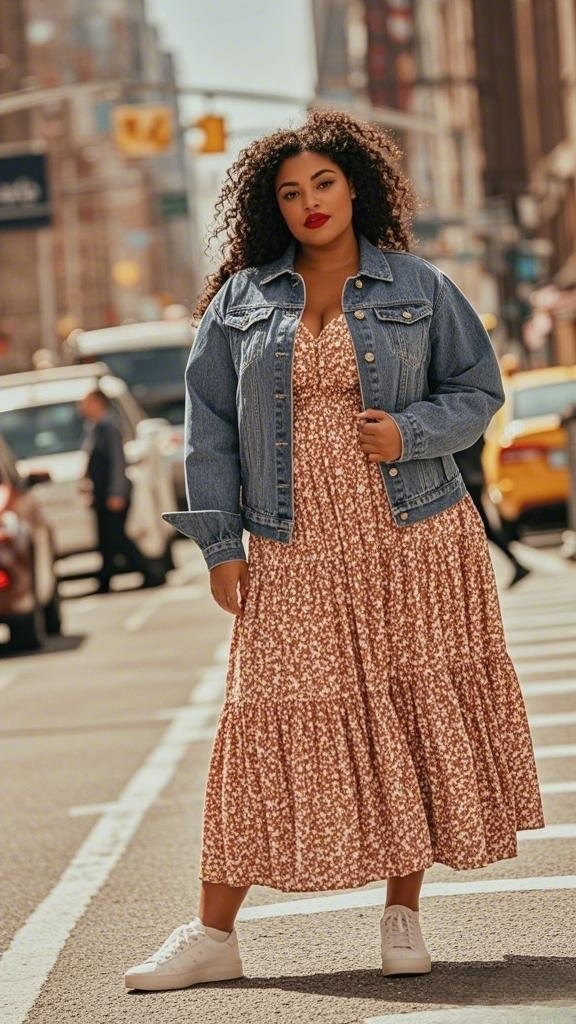 Effortless Spring Chic – Floral Maxi Dress, Denim Jacket, and Sneakers