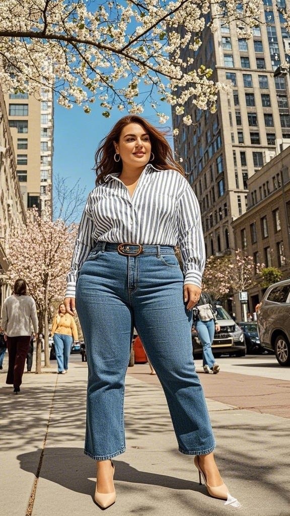 Striped Button-Down Shirt with High-Waisted Jeans and Nude Heels