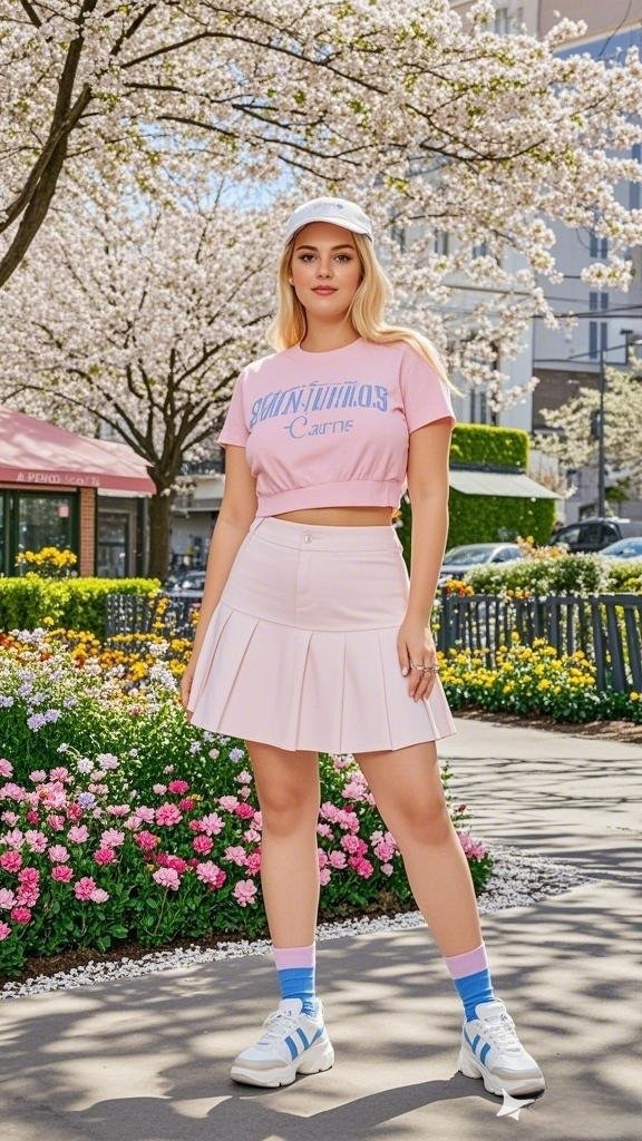Cropped Graphic Tee with Pleated Tennis Skirt, Sneakers, and Cap