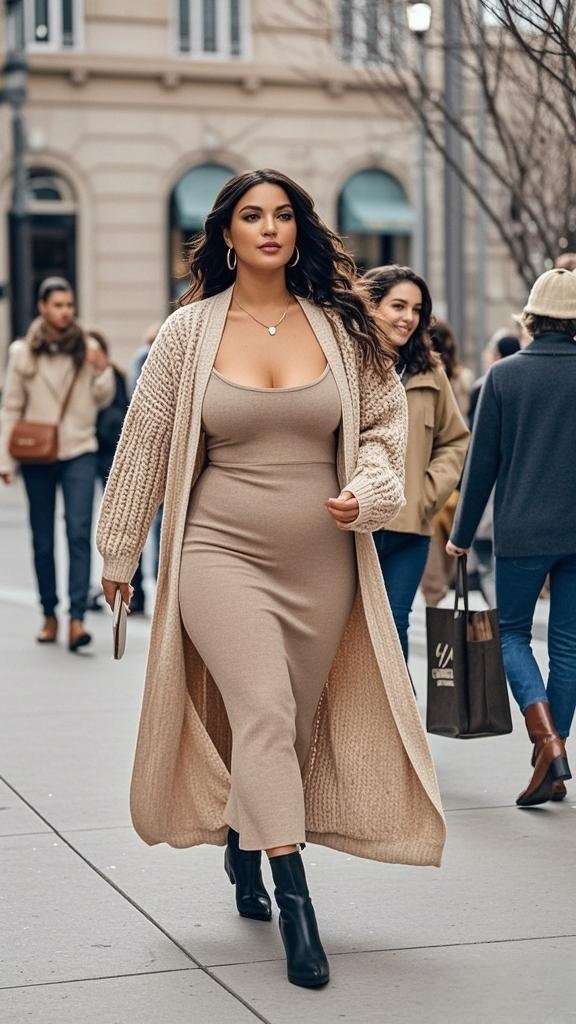 Fitted Knit Dress with Long Chunky Cardigan and Heeled Ankle Boots