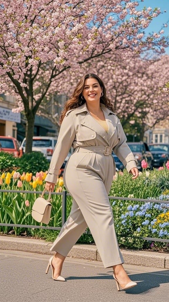 Belted Trench Jumpsuit with Nude Heels and Structured Handbag