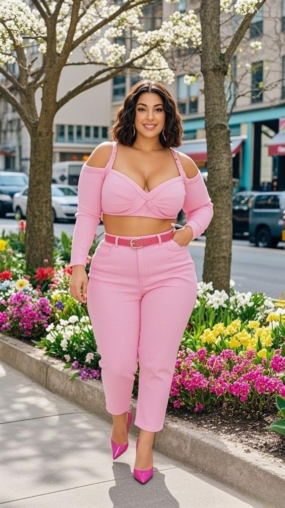Monochrome Pink Cut-Out Top with High-Waisted Pants and Pointed Heels