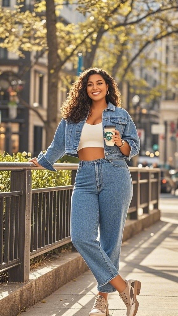 Cropped Denim Jacket with High-Waisted Jeans and Chunky Sneakers