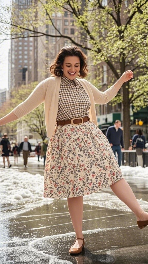 Gingham Blouse with Floral Midi Skirt and Belted Waist