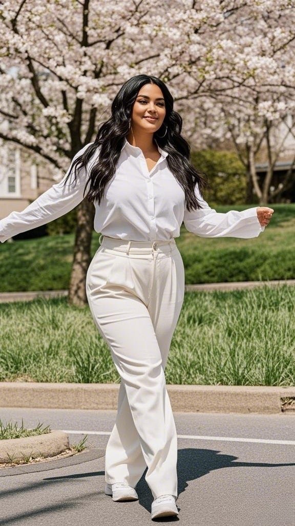 Crisp White Button-Down with Wide-Leg Trousers and Sneakers