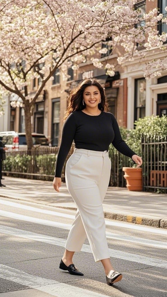 Black Fitted Top with White Tailored Pants and Loafers