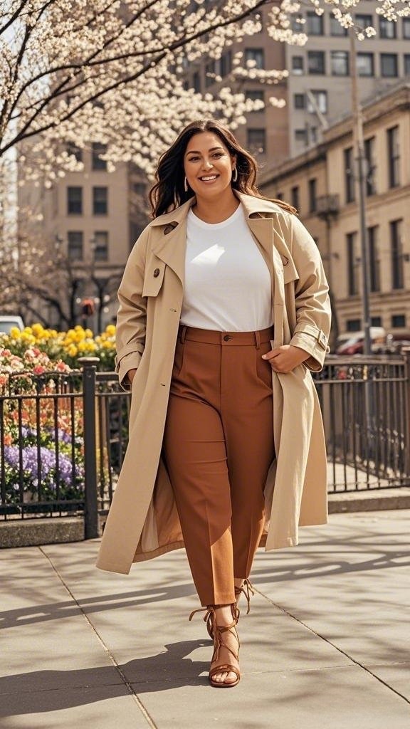 Classic Trench Coat with White Tee, Tailored Trousers, and Strappy Sandals