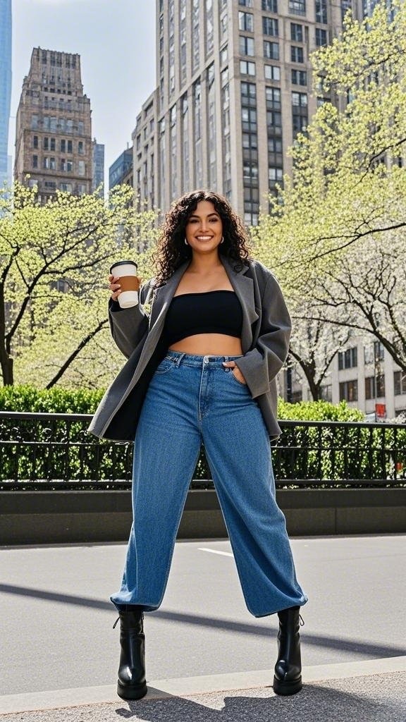 Oversized Blazer with Wide-Leg Jeans, Crop Top, and Chunky Boots
